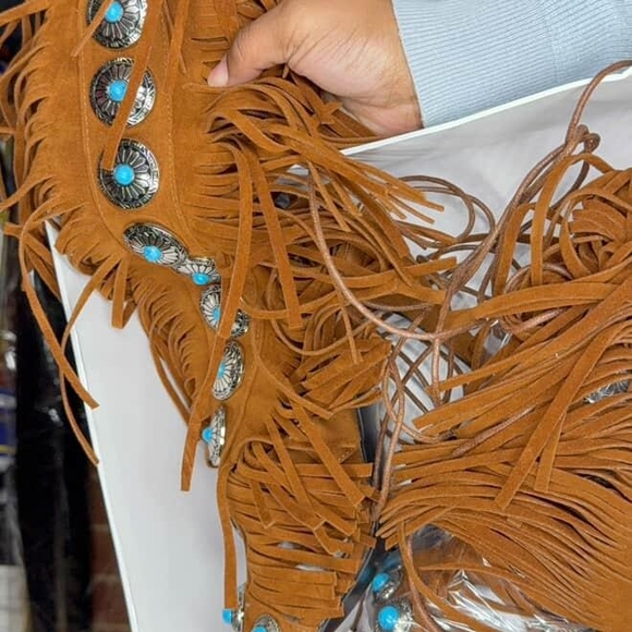 None Shoes - Brown and Blue Lace Up Boots with Fringe